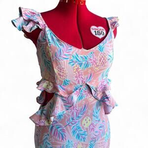 Simply Southern Pineapple Print Pink & Blue Ruffle Maxi Dress